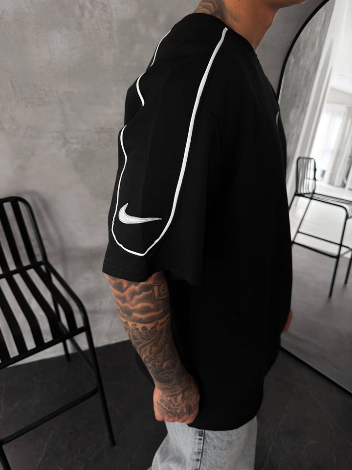 Men’s  Oversized Black T-Shirt with White Piping