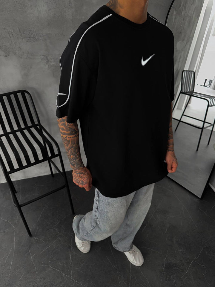 Men’s  Oversized Black T-Shirt with White Piping