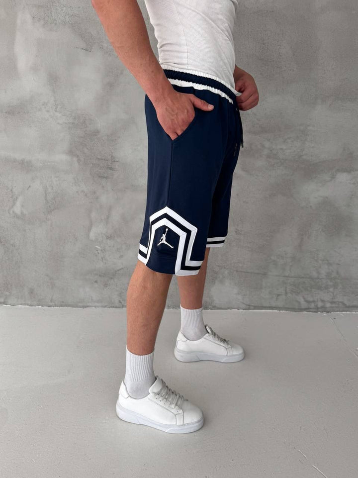 Navy Basketball Shorts – White Geometric Trim