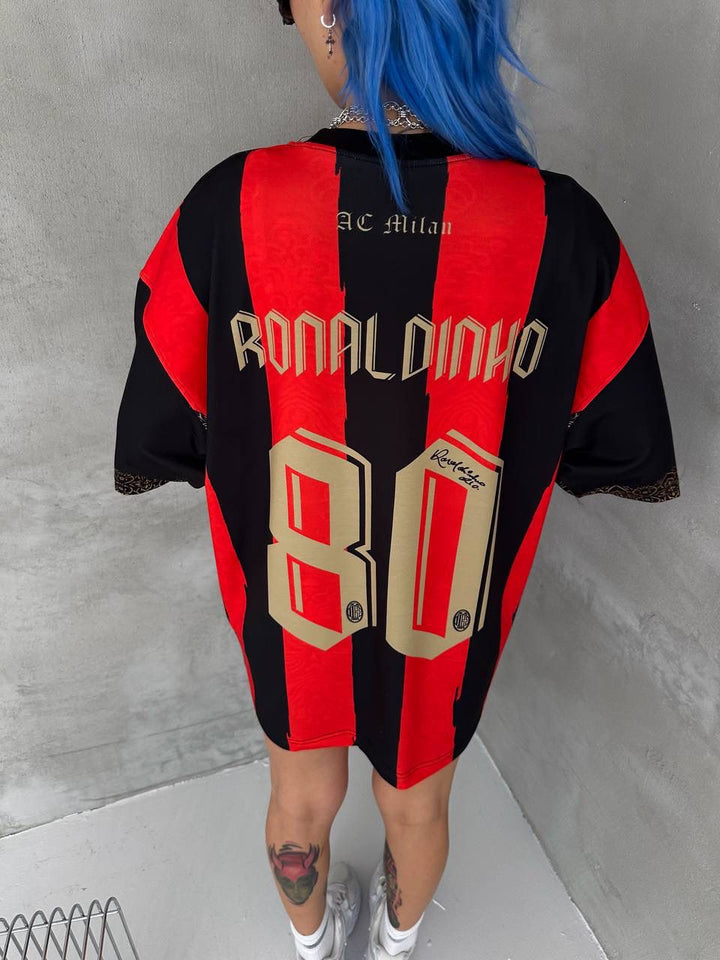 Milan Inspired 80 Oversized Striped Jersey Tee Red Black Gold