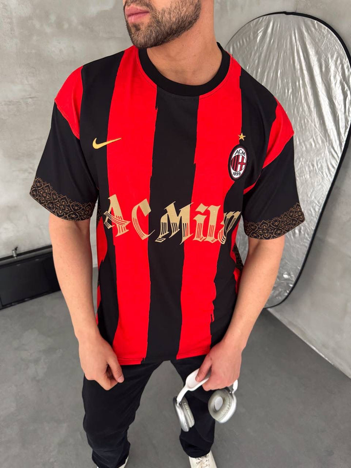 Milan Inspired 80 Oversized Striped Jersey Tee Red Black Gold