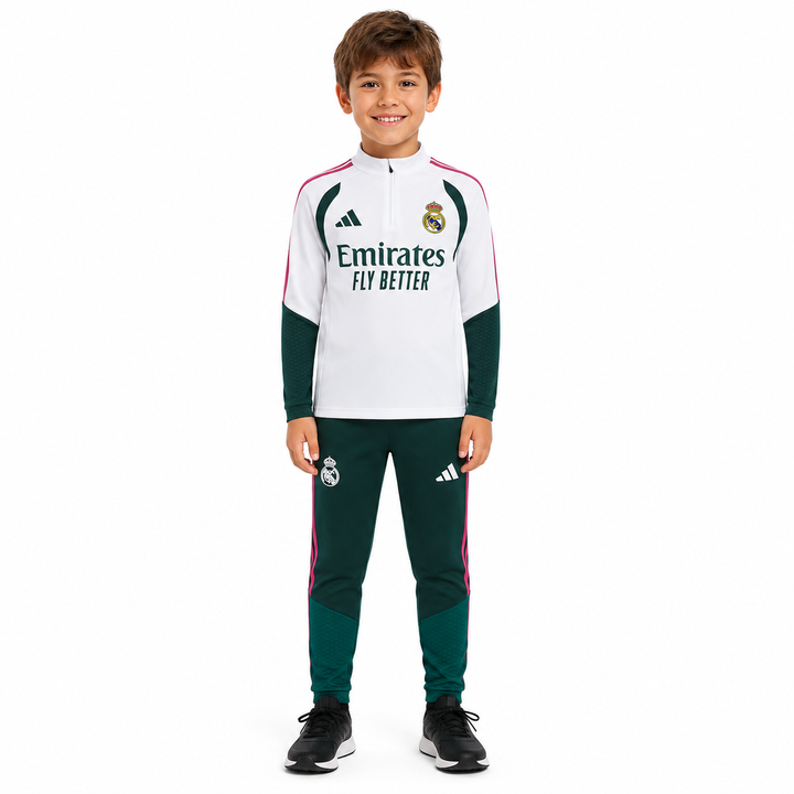 RM Kids White &amp; Green Training Tracksuit – Quarter Zip Top &amp; Joggers