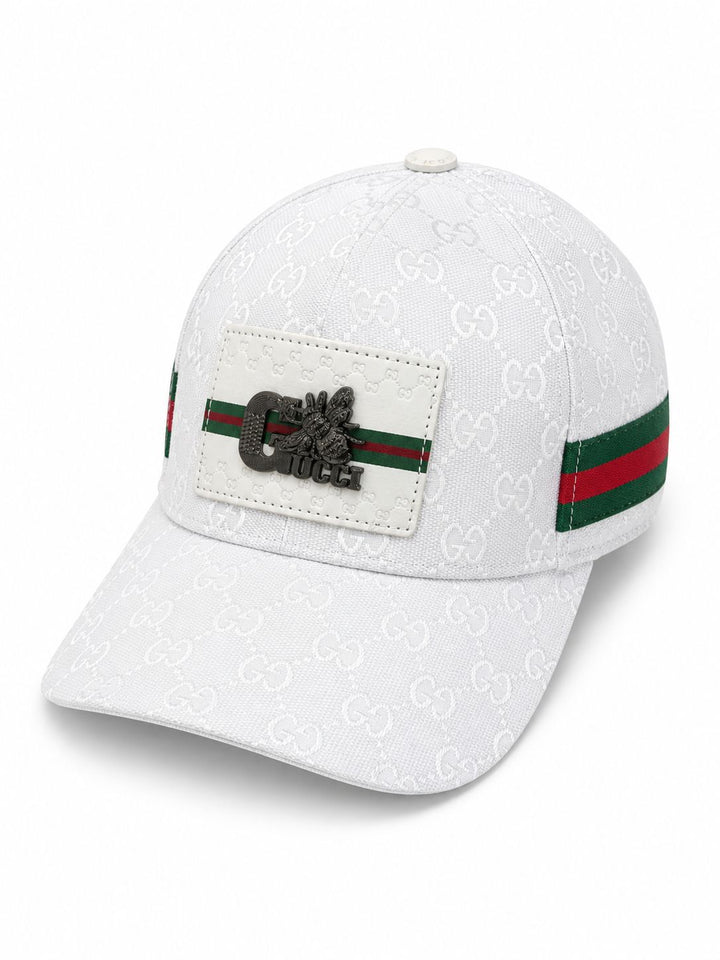 White Luxe Stripe Cap – Bee Emblem