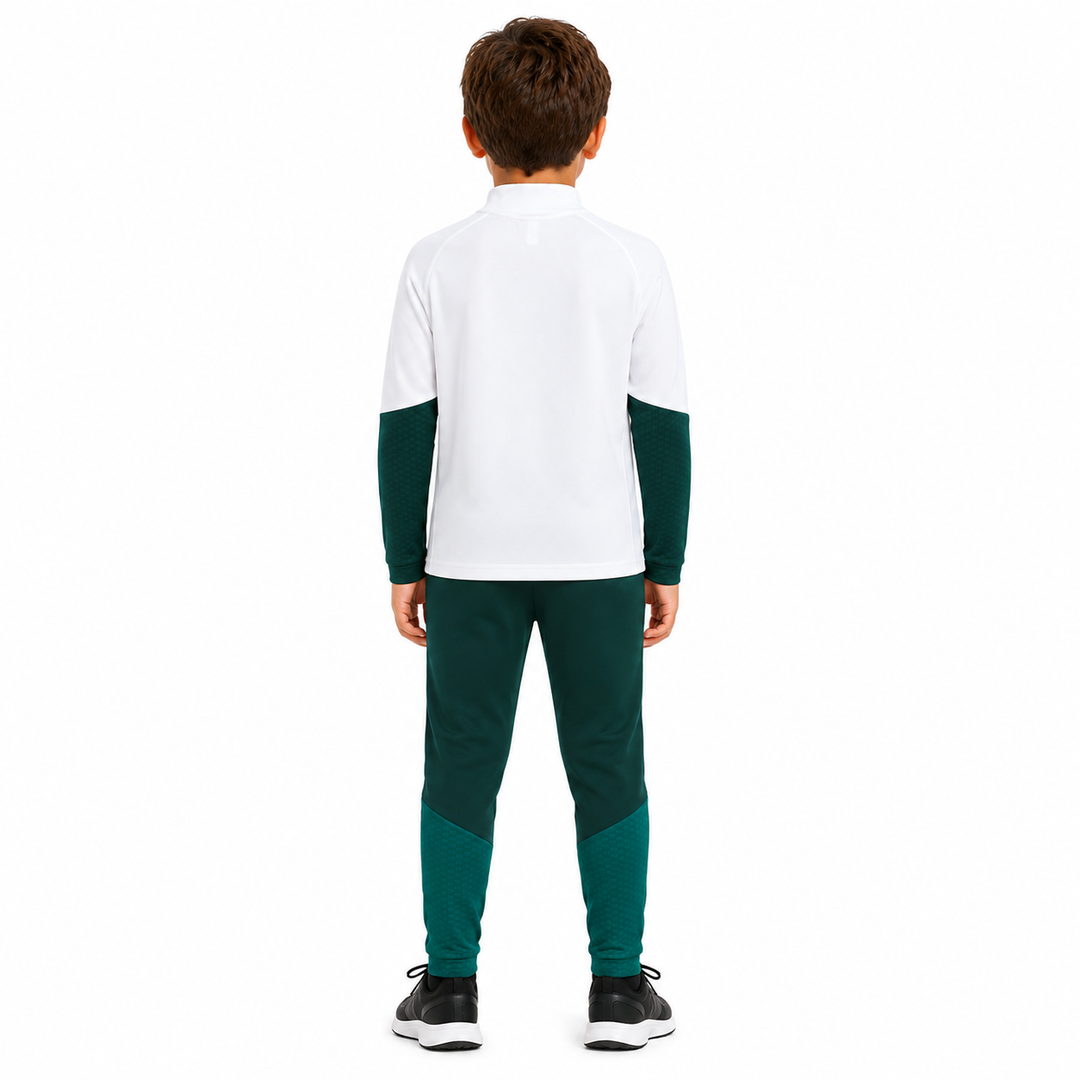 RM Kids White &amp; Green Training Tracksuit – Quarter Zip Top &amp; Joggers