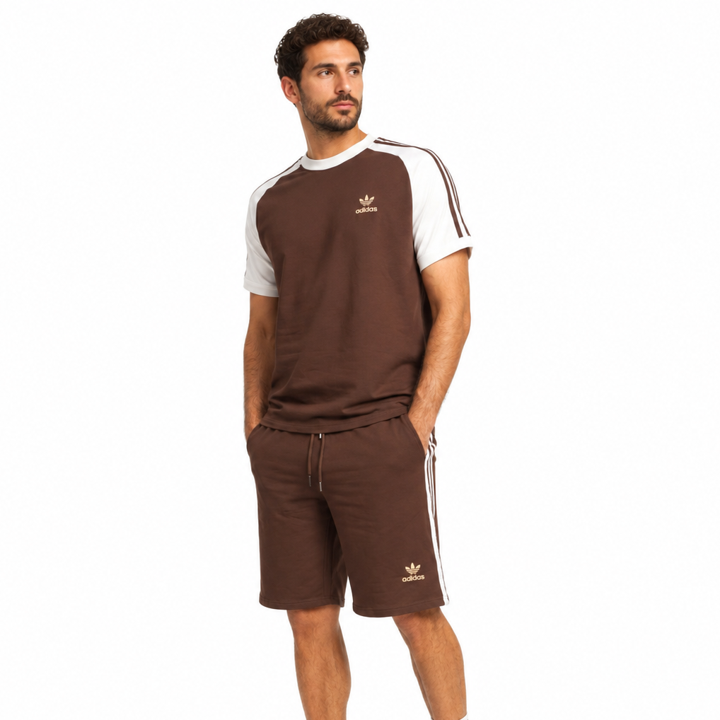 Men’s Raglan T-Shirt &amp; Shorts Set – Chocolate Brown/White