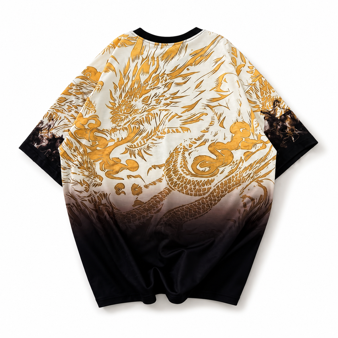 RM-Inspired Dragon Graphic Oversized Jersey Tee – White/Gold
