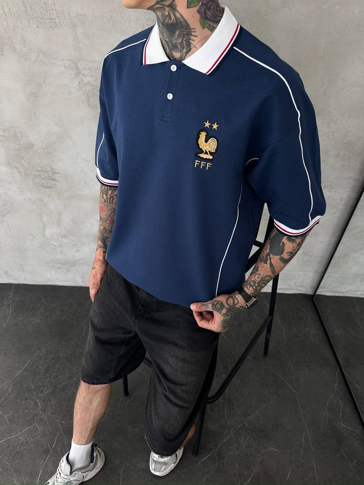 Men’s France-Inspired Retro Football Polo Shirt – Navy Blue