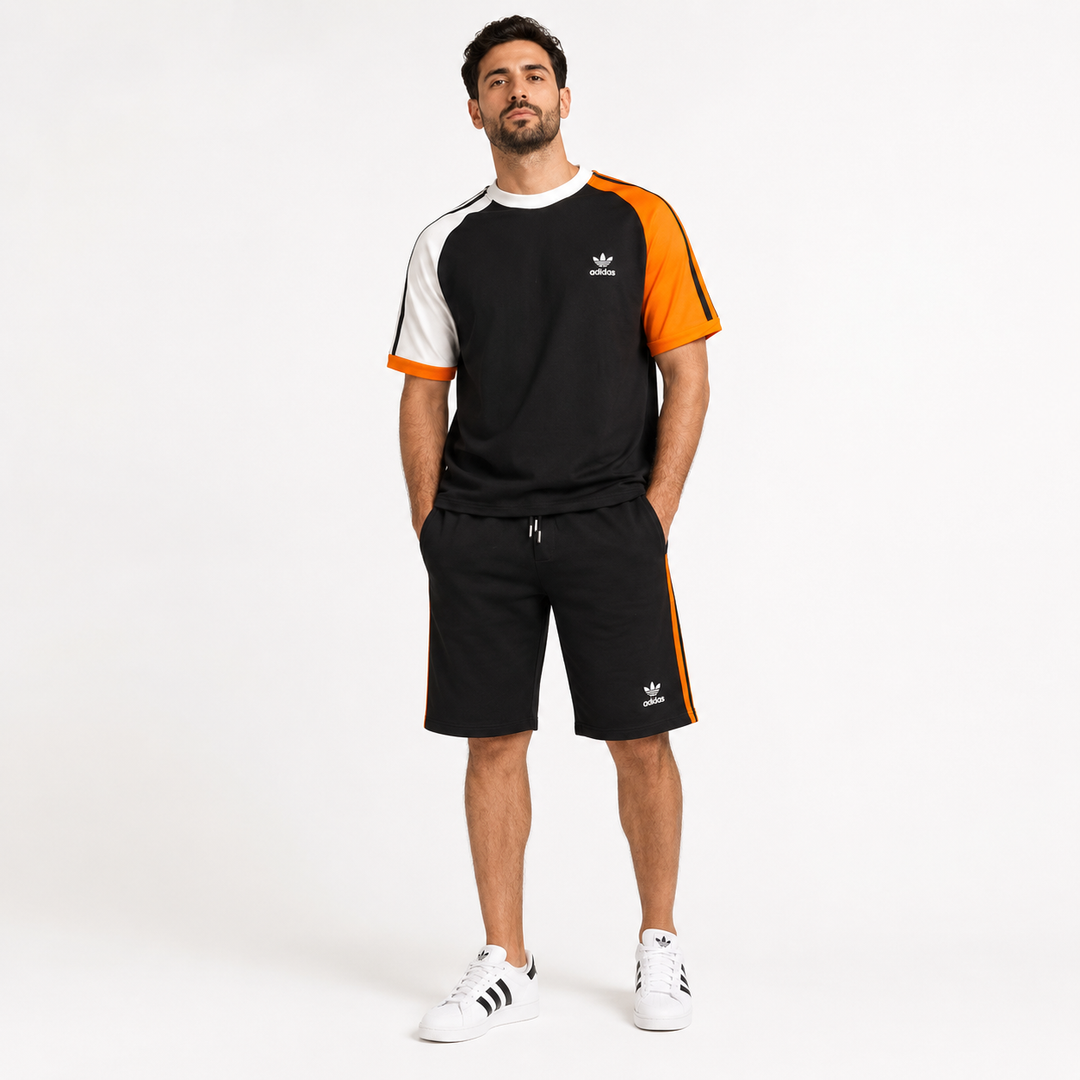 Men’s Colorblock Raglan T-Shirt &amp; Shorts Set – Black/Orange/White
