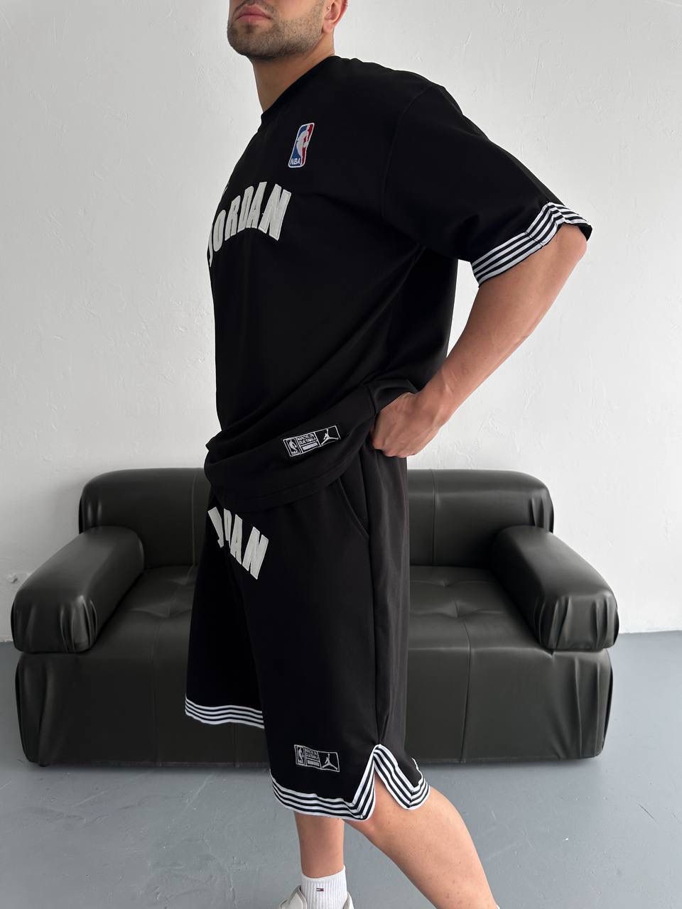 Black Basketball Jersey Tee &amp; Shorts Set – White Stripe Trim