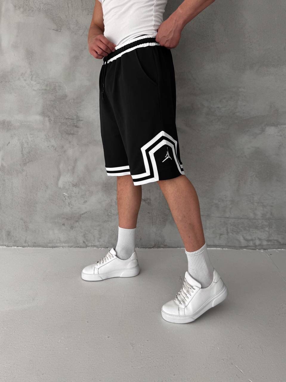 Black Basketball Shorts – White Geometric Trim