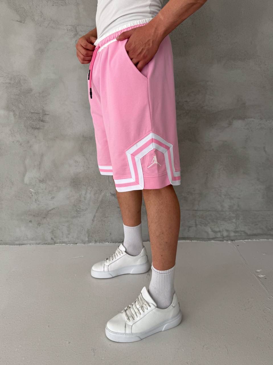 Pink Basketball Shorts – White Geometric Trim