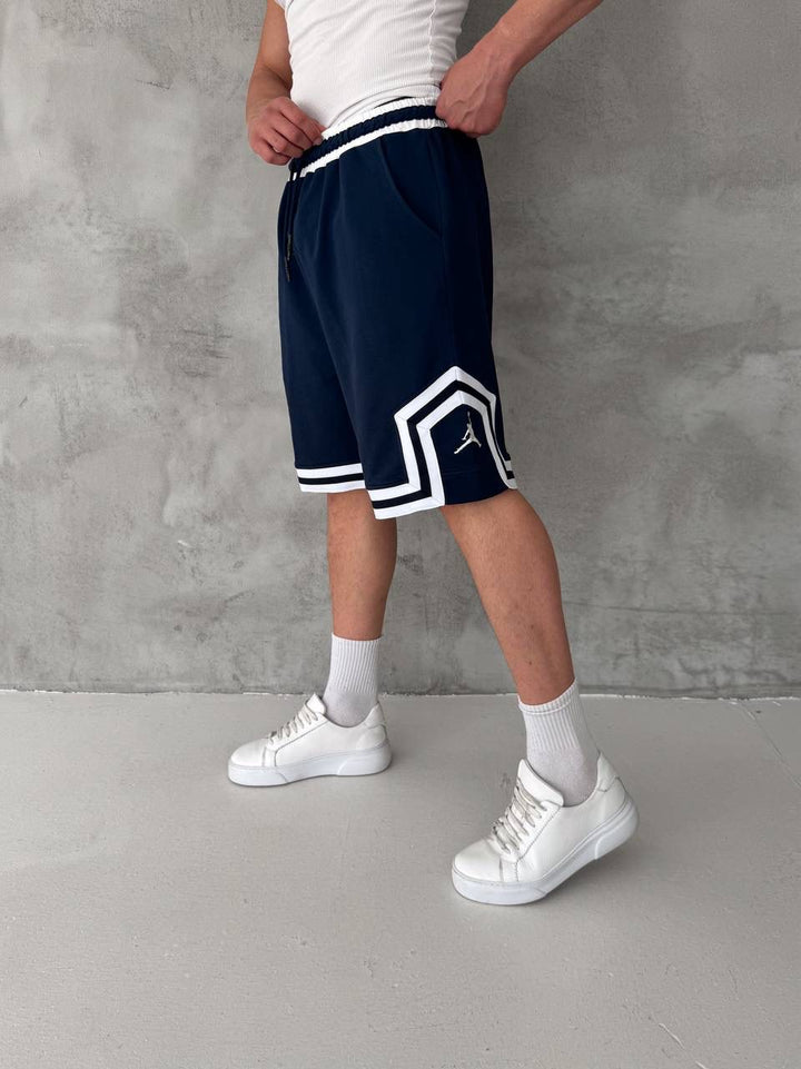 Navy Basketball Shorts – White Geometric Trim