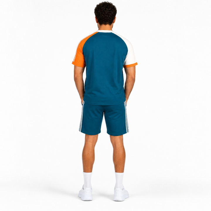 Men’s Colorblock Raglan T-Shirt &amp; Shorts Set – Teal/Orange/White