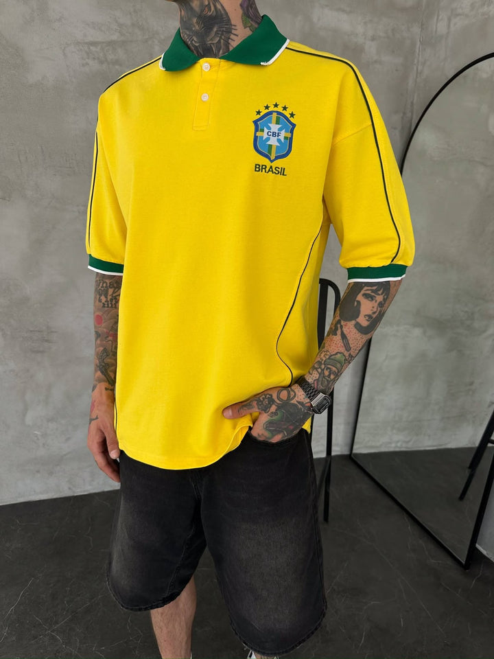 Men’s Brazil-Inspired Retro Football Polo Shirt – Yellow/Green