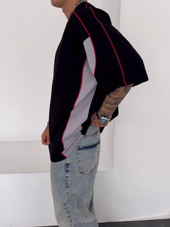 Men’s Oversized Black  T-Shirt with Grey Panels and Red Piping