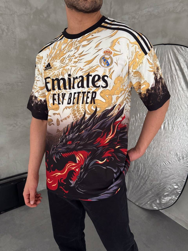 RM-Inspired Dragon Graphic Oversized Jersey Tee – White/Gold
