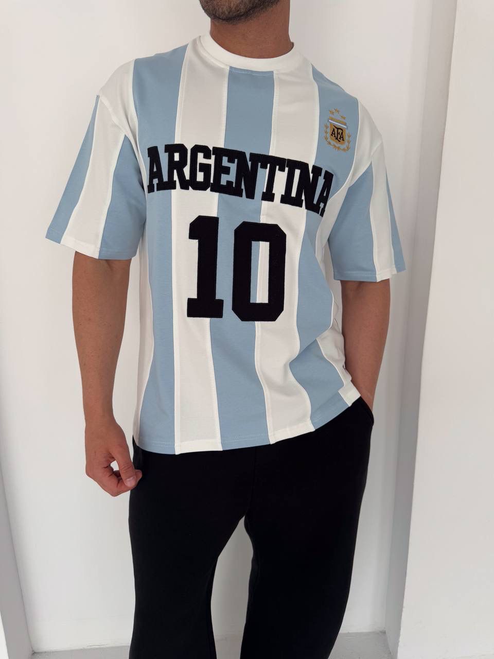 Argentina 10 Oversized Striped Jersey Tee – Sky Blue/White