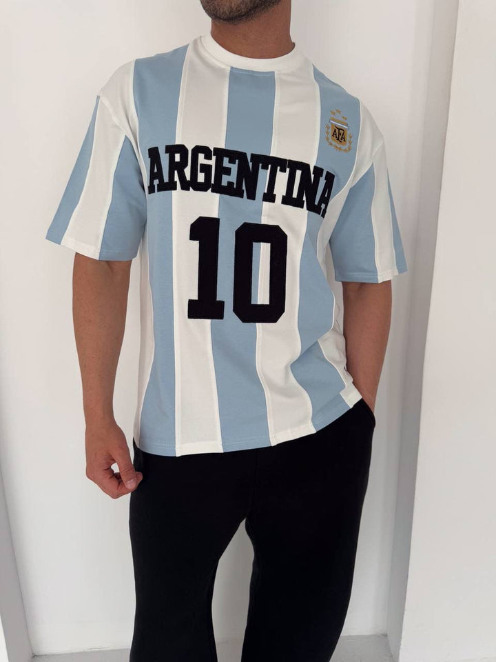 Argentina 10 Oversized Striped Jersey Tee – Sky Blue/White