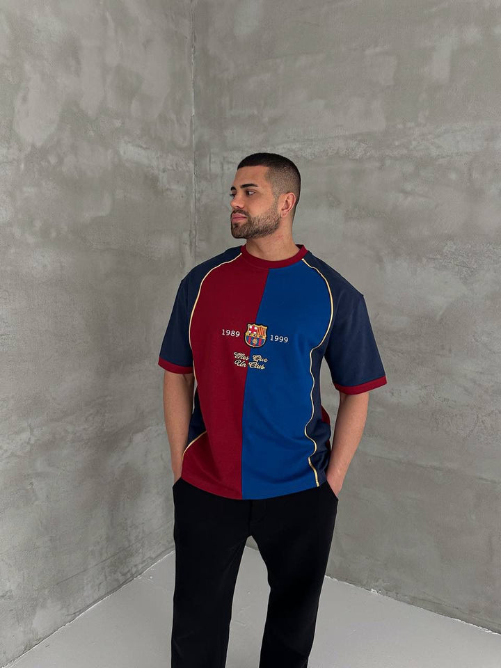 Unisex Red &amp; Blue Split Retro Football Jersey T-Shirt