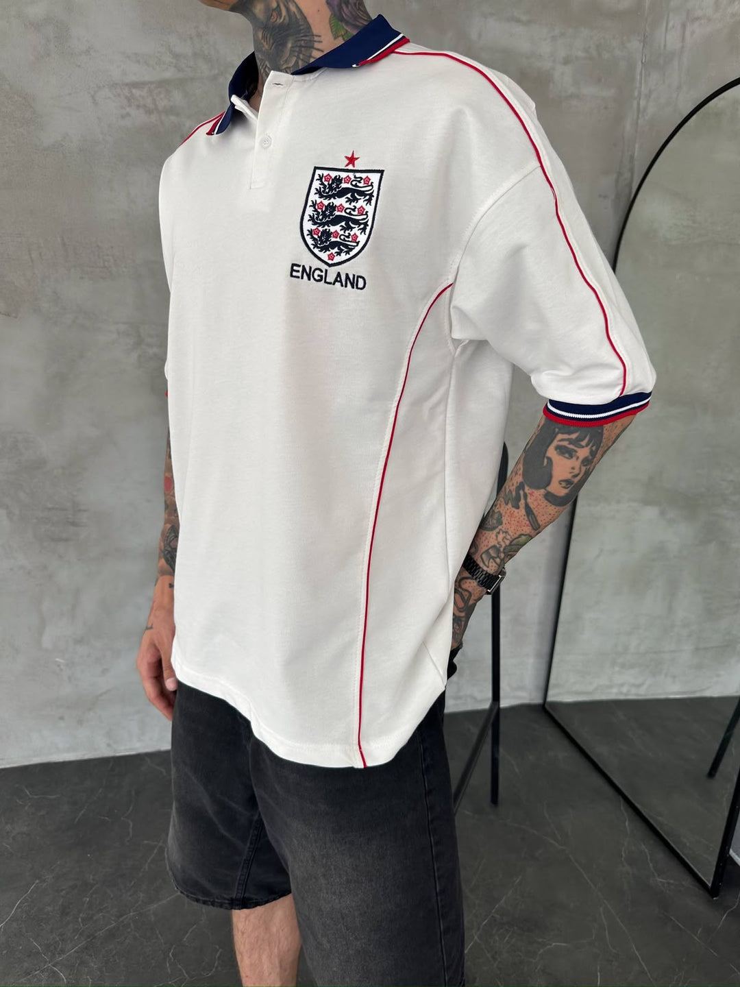 Men’s England-Inspired Retro Football Polo Shirt – White/Navy