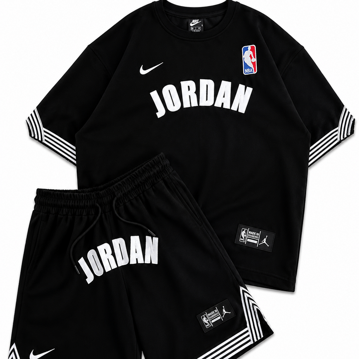 Black Basketball Jersey Tee &amp; Shorts Set – White Stripe Trim