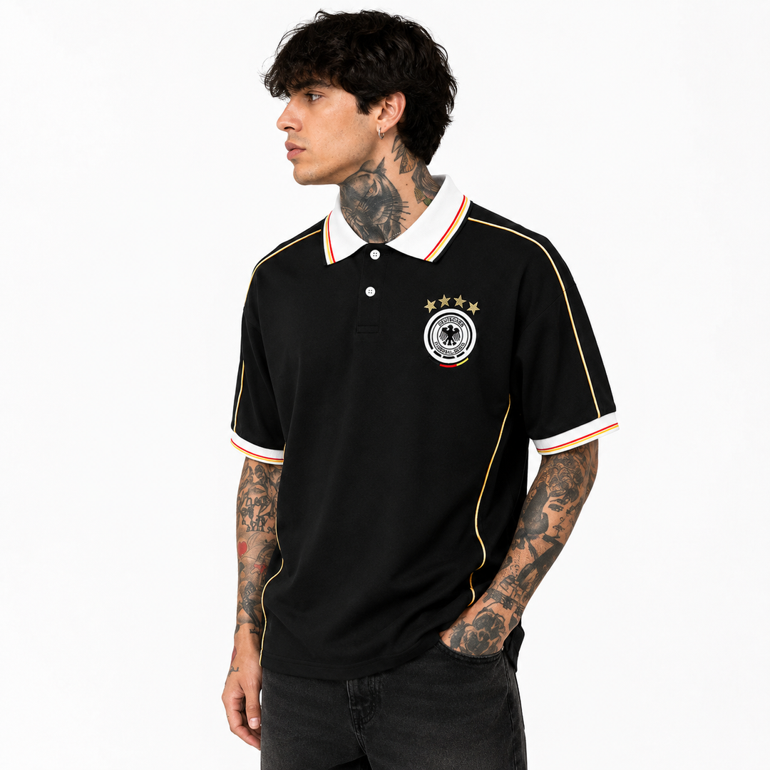 Men’s Germany-Inspired Retro Football Polo Shirt – Black/Gold