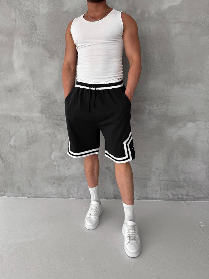 Black Basketball Shorts – White Geometric Trim