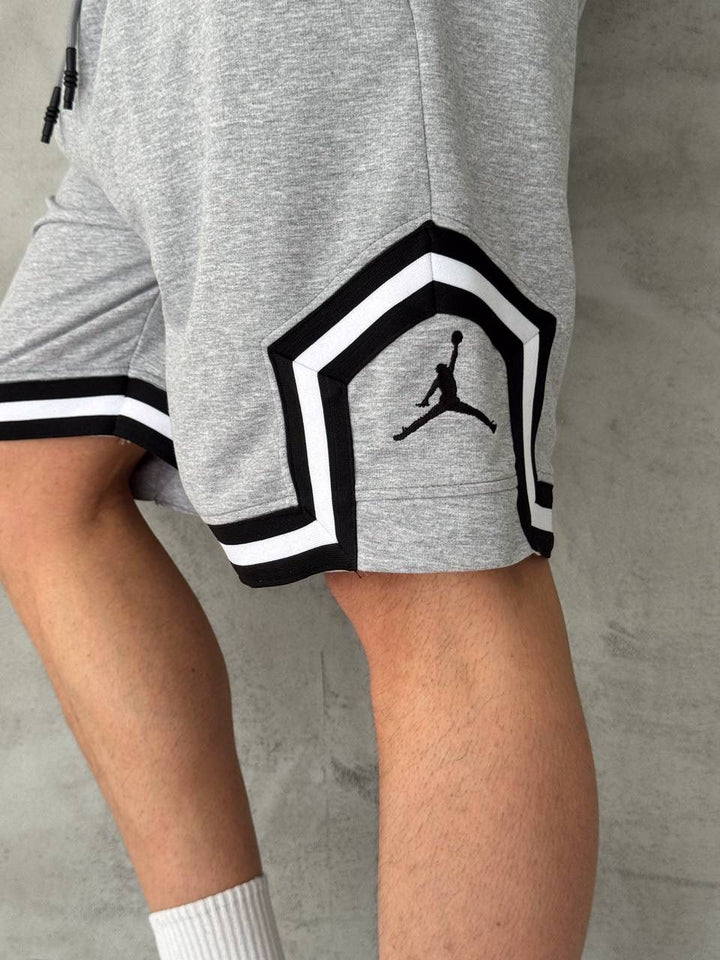 Heather Grey Basketball Shorts – Black/White Geometric Trim