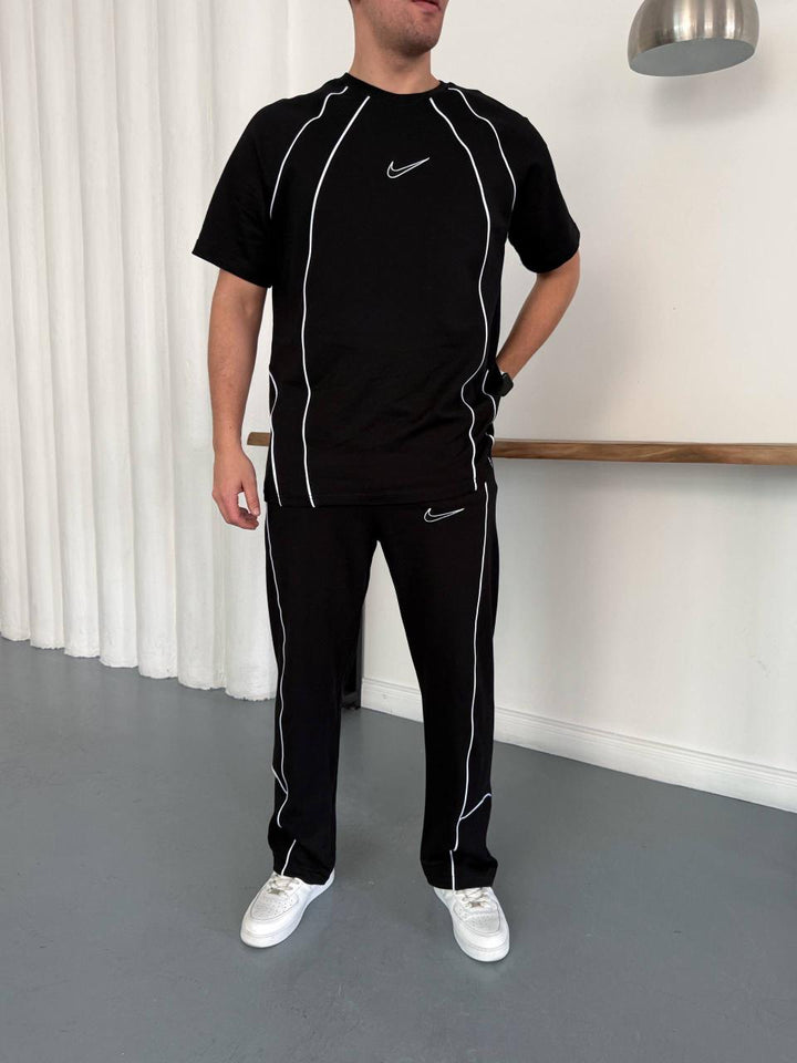 Men’s Black Contrast Piping T-Shirt &amp; Track Pants Set