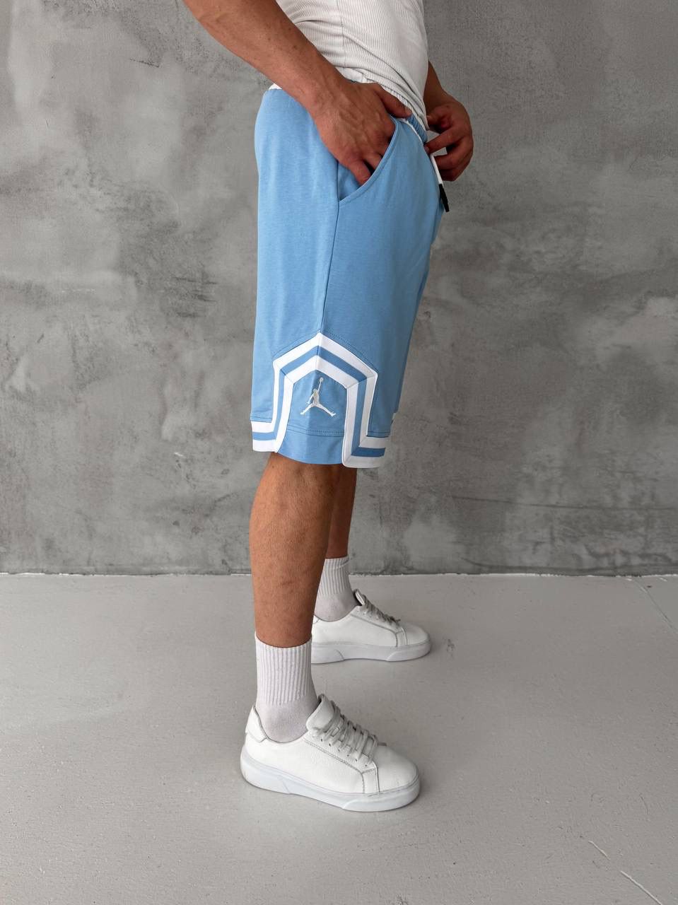 Sky Blue Basketball Shorts – White Geometric Trim