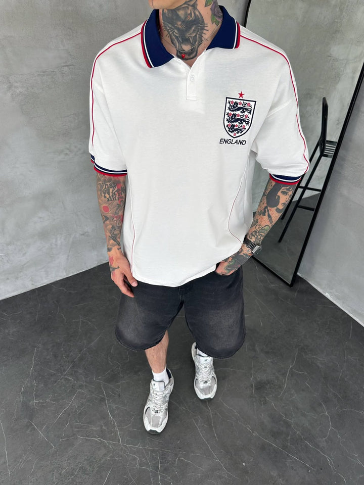 Men’s England-Inspired Retro Football Polo Shirt – White/Navy