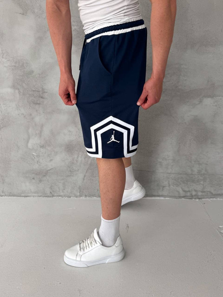 Navy Basketball Shorts – White Geometric Trim