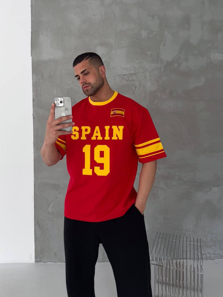 Spain-Inspired 19 Oversized Jersey Tee – Red/Yellow