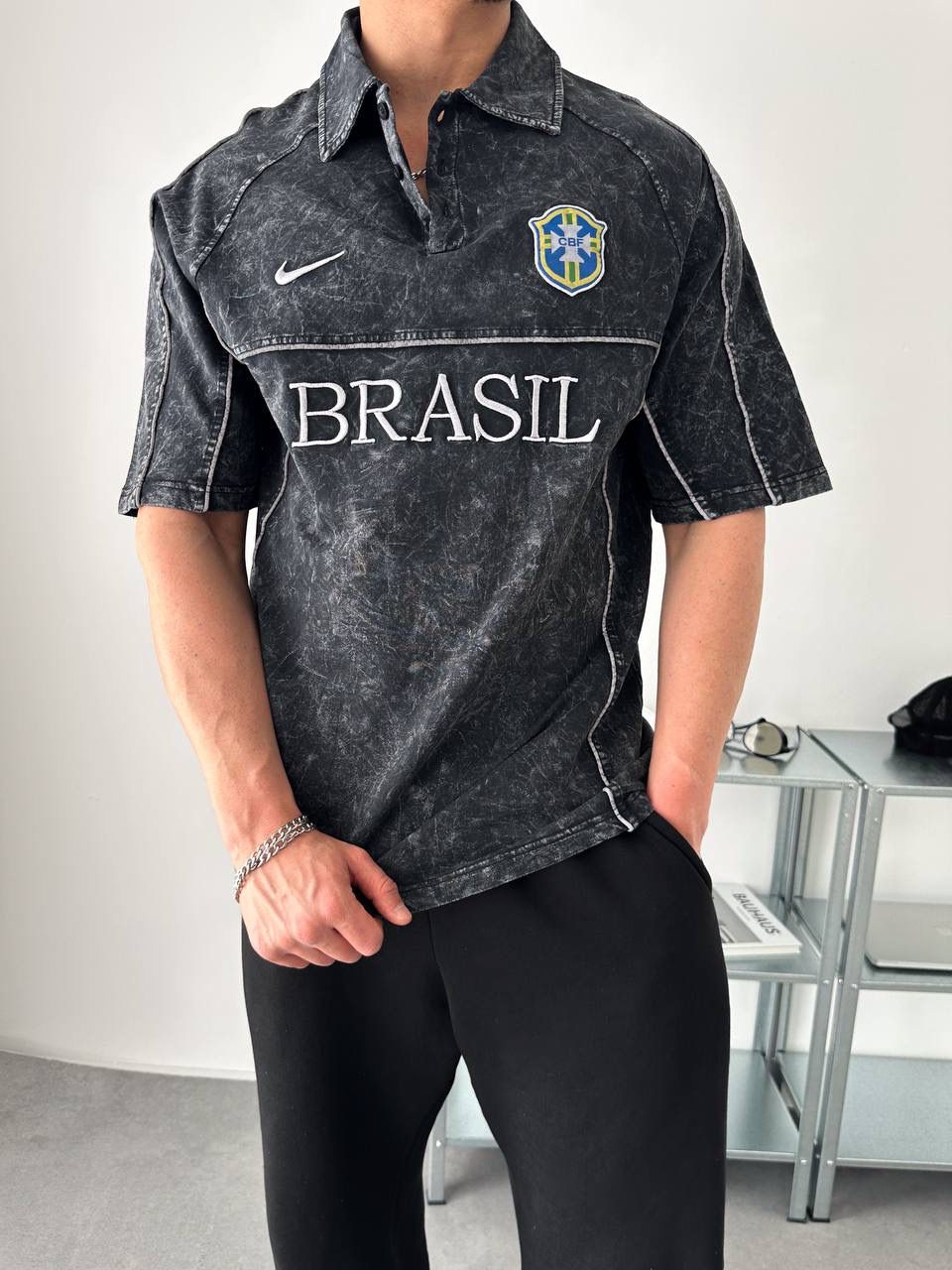 Brazil Acid Wash Polo Jersey Shirt – Black
