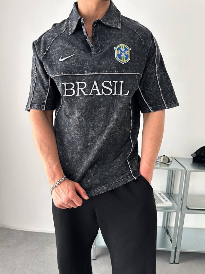Brazil Acid Wash Polo Jersey Shirt – Black