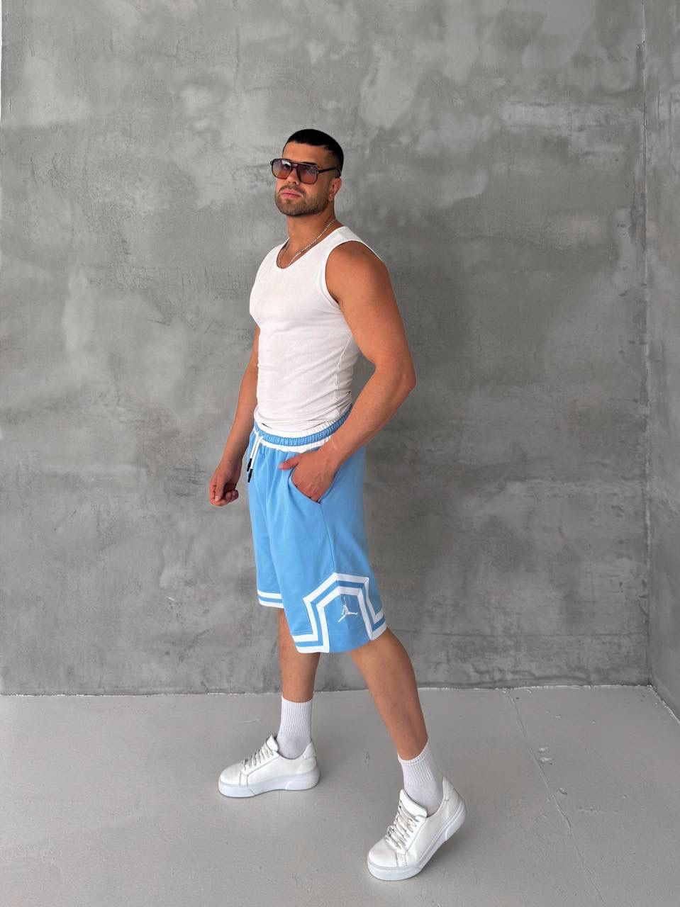 Sky Blue Basketball Shorts – White Geometric Trim