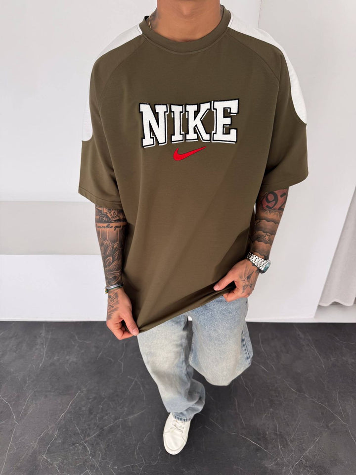 Men’s Oversized Olive Graphic T-Shirt with White Shoulder Panels
