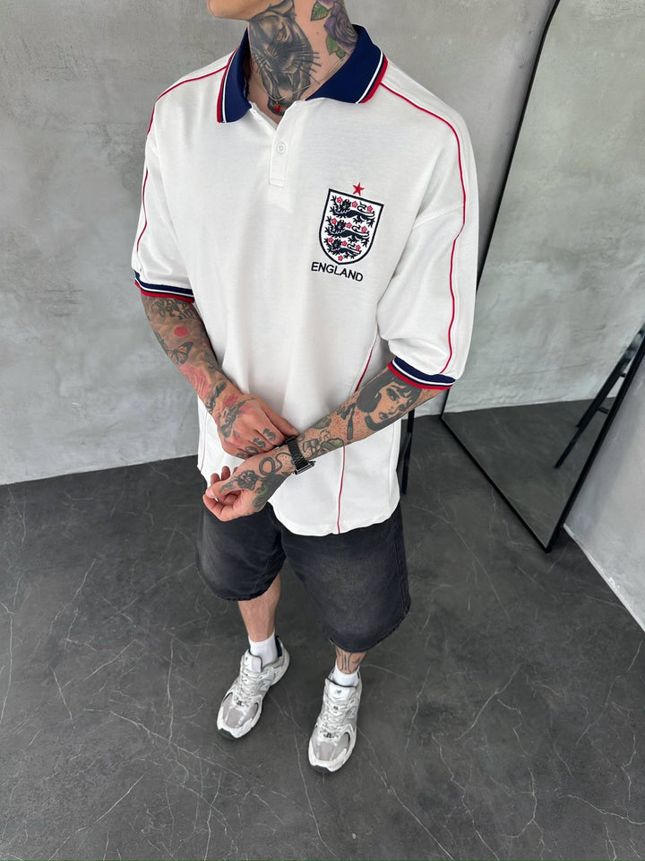 Men’s England-Inspired Retro Football Polo Shirt – White/Navy