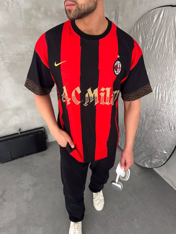 Milan Inspired 80 Oversized Striped Jersey Tee Red Black Gold