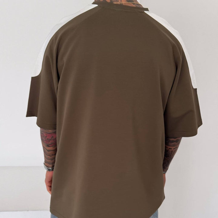 Men’s Oversized Olive Graphic T-Shirt with White Shoulder Panels