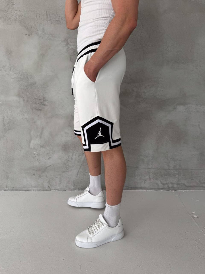White Basketball Shorts – Black Geometric Trim