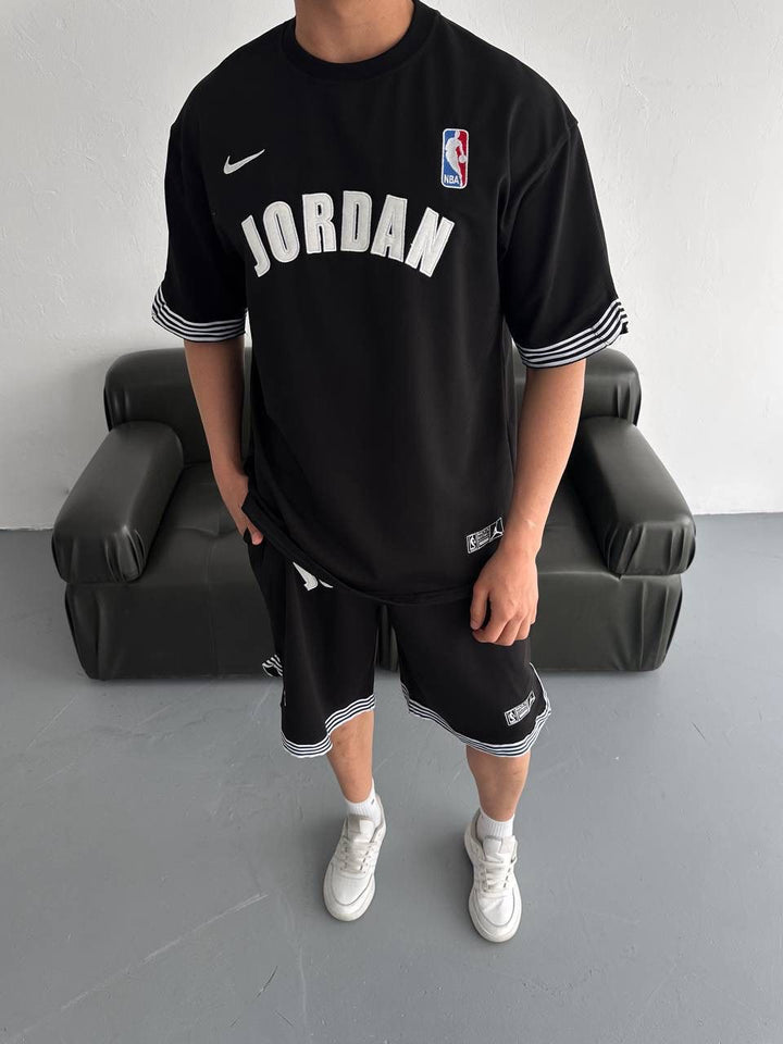 Black Basketball Jersey Tee &amp; Shorts Set – White Stripe Trim