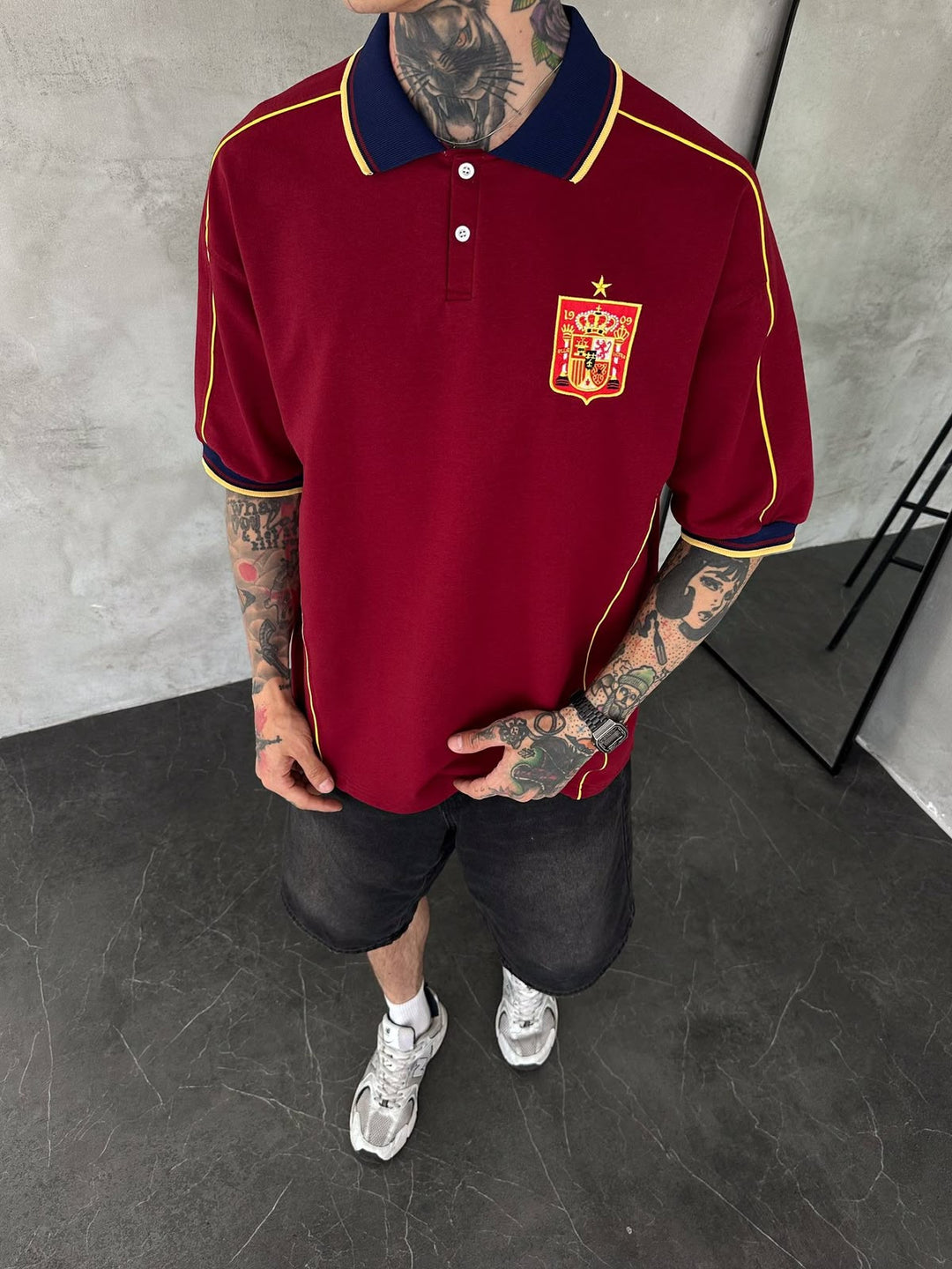 Men’s Spain-Inspired Retro Football Polo Shirt – Burgundy/Navy