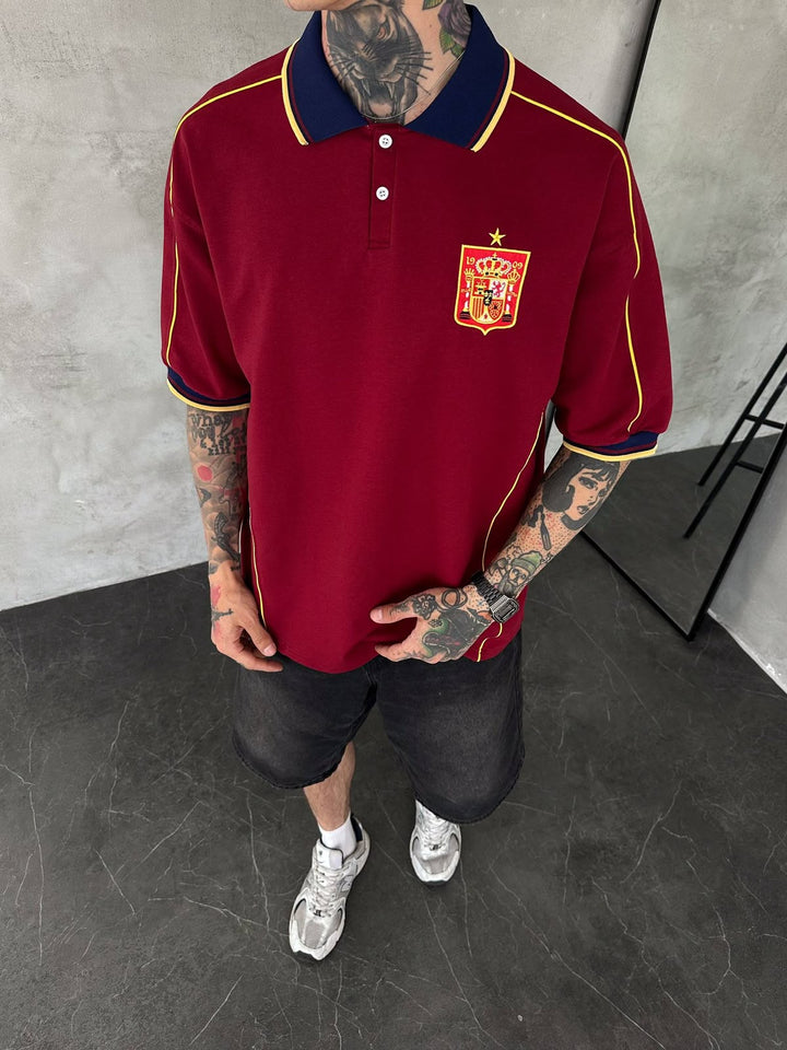 Men’s Spain-Inspired Retro Football Polo Shirt – Burgundy/Navy