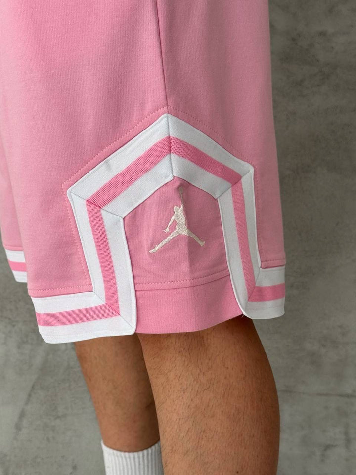 Pink Basketball Shorts – White Geometric Trim
