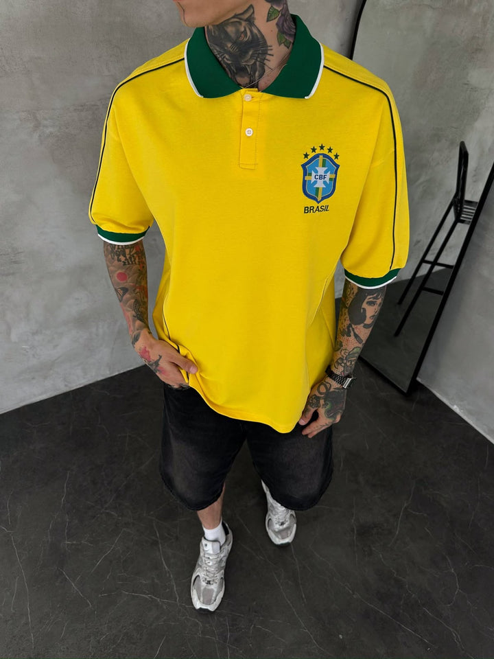 Men’s Brazil-Inspired Retro Football Polo Shirt – Yellow/Green