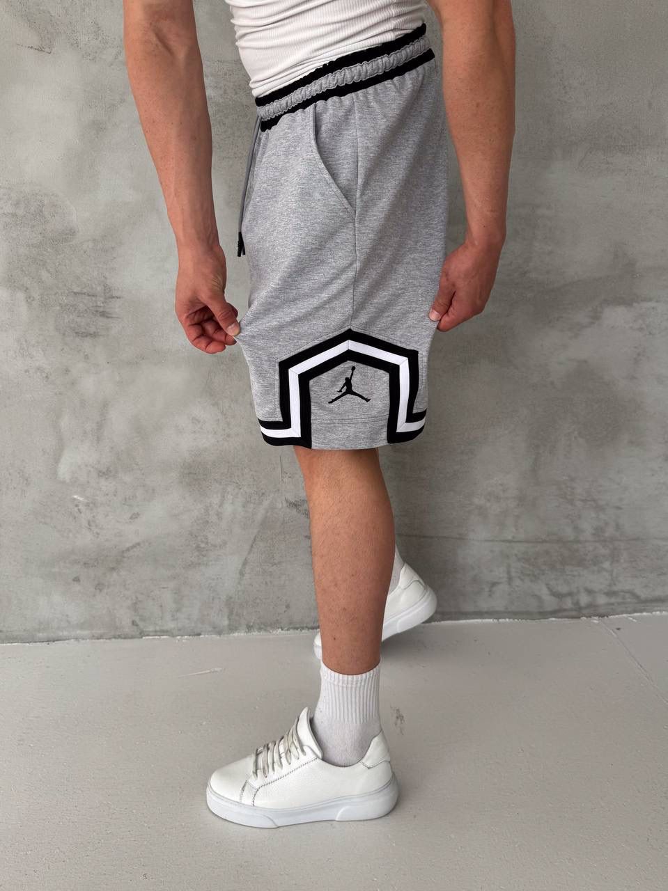 Heather Grey Basketball Shorts – Black/White Geometric Trim