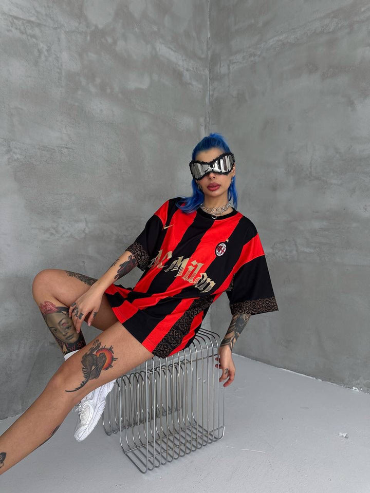 Milan Inspired 80 Oversized Striped Jersey Tee Red Black Gold