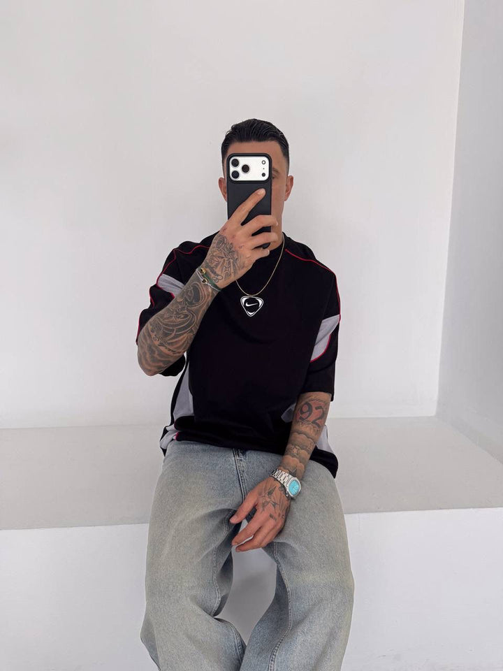 Men’s Oversized Black  T-Shirt with Grey Panels and Red Piping