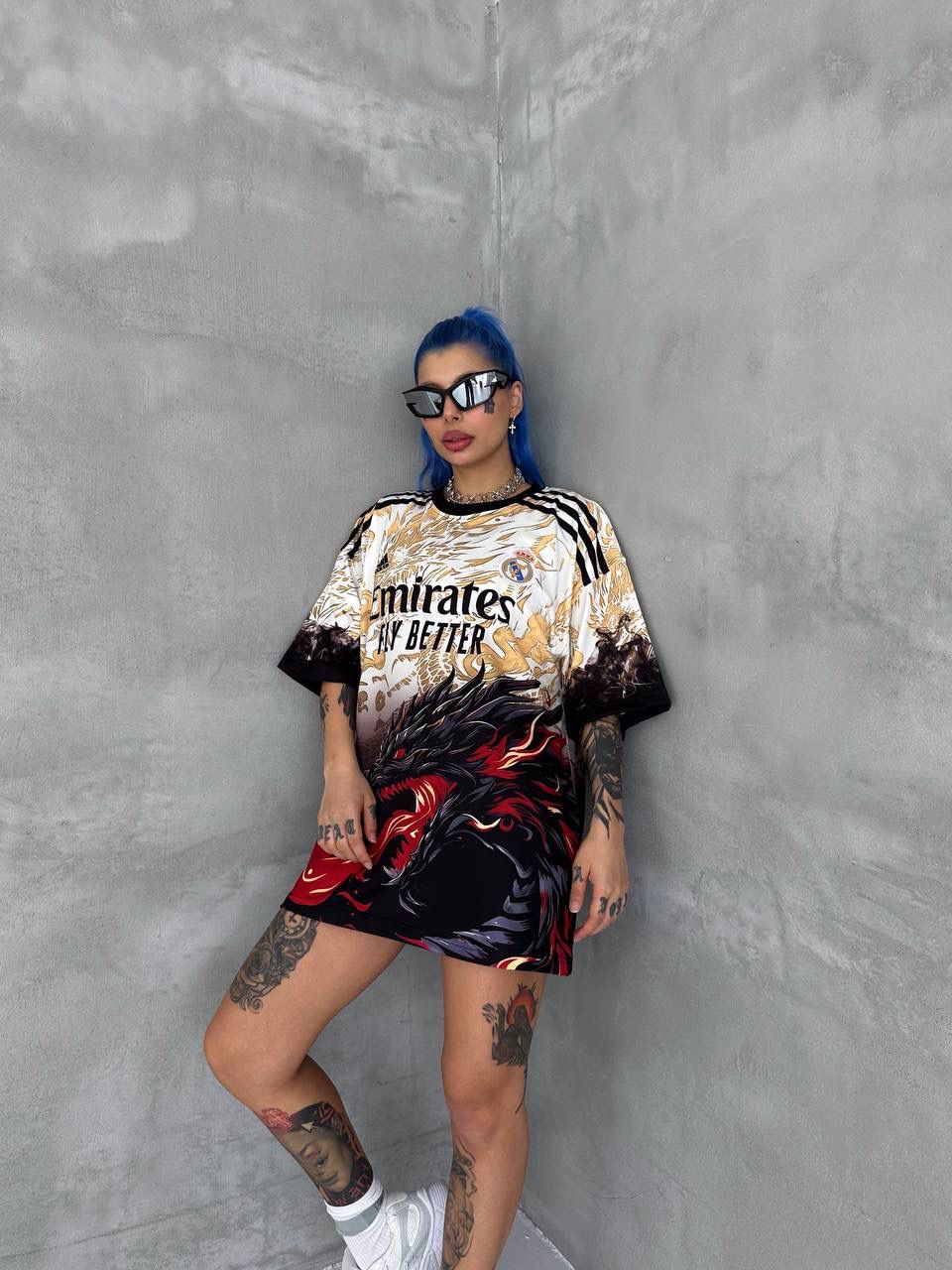 RM-Inspired Dragon Graphic Oversized Jersey Tee – White/Gold